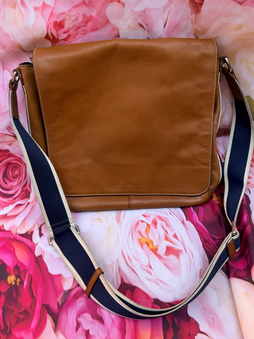 Coach Brown Leather Messenger Bag with Navy and Cream Strap